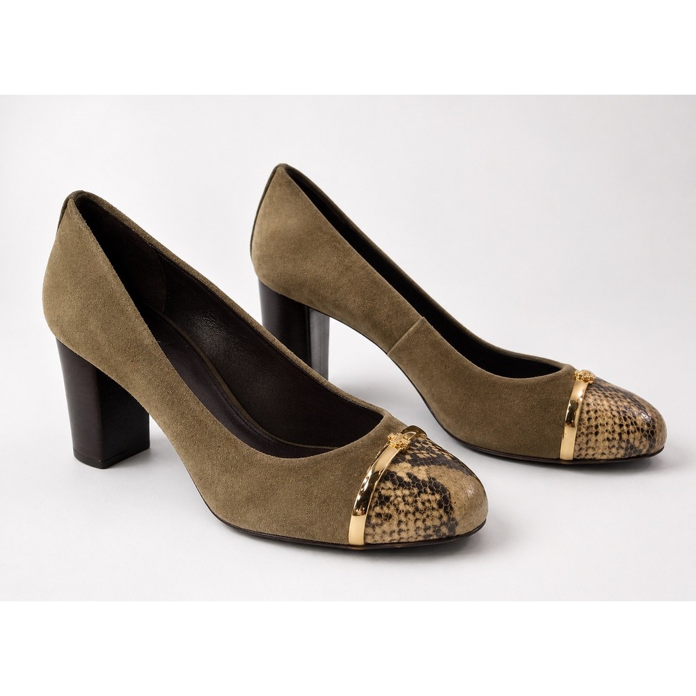 Tory Burch Block Heel Pumps Women 9M Olive‎ Green Good Snakeskin Cap Toe Suede